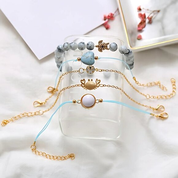 🍒2/$25 NATURAL Stone Charm 🦀 Crab Turntle Heart CZ Pendant Bracelet Set of 5 - Picture 5 of 9